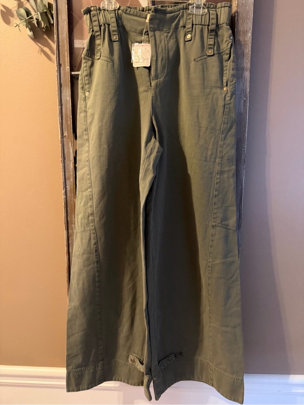 NWT Free People Crystal Kelp Wide Leg Utility Pants XS Army Green Herringbone